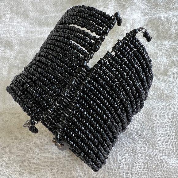 Vintage Manouk Jet Black Beaded Cuff Bracelet | 2¼″ Wide Stretch Cuff - Picture 3 of 7